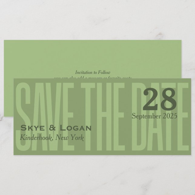 Slim Elegante Typografie Save the Date grün (Vorne/Hinten)