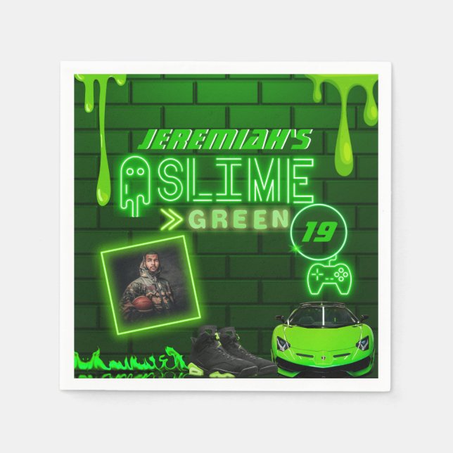 Slime Green | Foto Birthday Party Neon Green Serviette (Vorderseite)