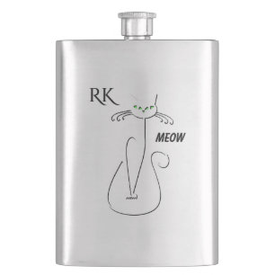 Slinky Black Cat Meow Meow Green Eyes Monogram Flachmann