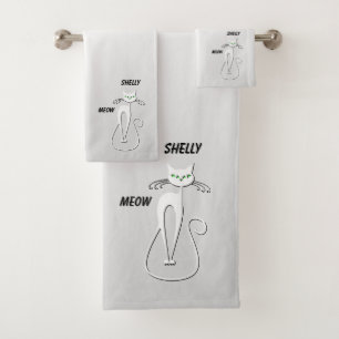 Slinky Black Cat Meow Meow Grüne Augen auf Silber Badhandtuch Set