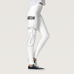 Slinky Black Cat Meow Meow Grüne Augen auf Weiß Leggings