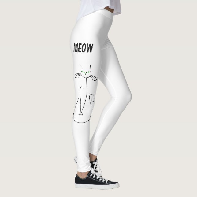 Slinky Black Cat Meow Meow Grüne Augen auf Weiß Leggings (Rechts)