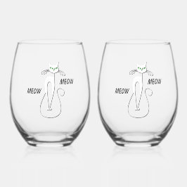 Slinky Black Cat Meow Meow Meow Custom Text Green  Weinglas Ohne Stiel