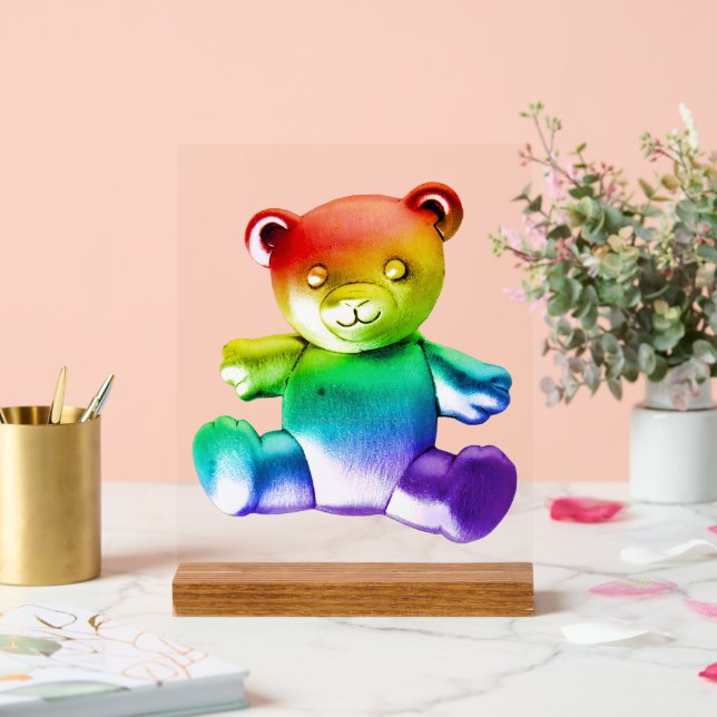 SlipperyJoe's brushed Metal Teddy Bär Regenbogensc Acrylschild (Hochzeit)