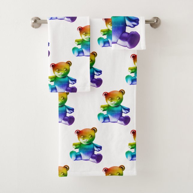 SlipperyJoe's brushed Metal Teddy Bär Regenbogensc Badhandtuch Set (Insitu)