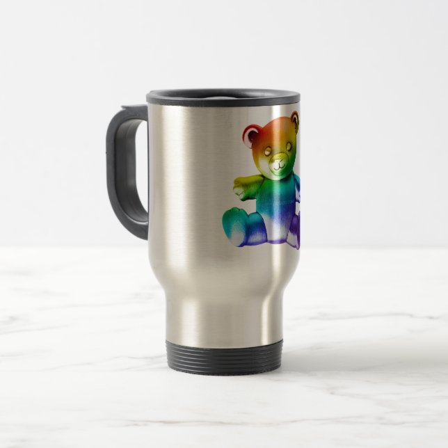SlipperyJoe's brushed Metal Teddy Bär Regenbogensc Reisebecher (Vorderseite Links)