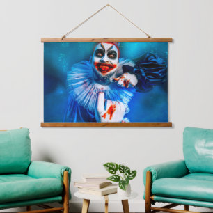 SlipperyJoe's Clowns-Kostüm Frohes Halloween Blut  Wandteppich Mit Holzrahmen