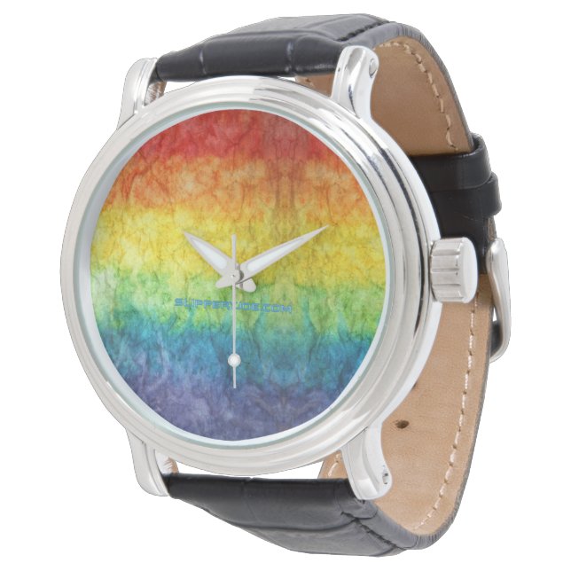 SlipperyJoe's Gay Pride Fahne Regenbogenfarben Kra Armbanduhr (Schrägansicht)