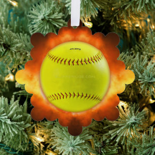 SlipperyJoe's gelbe Softball-Feuerball-Flammenrasp Ornament Karte