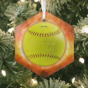 SlipperyJoe's gelber Softball-Feuerball Flammen ra Ornament Aus Glas
