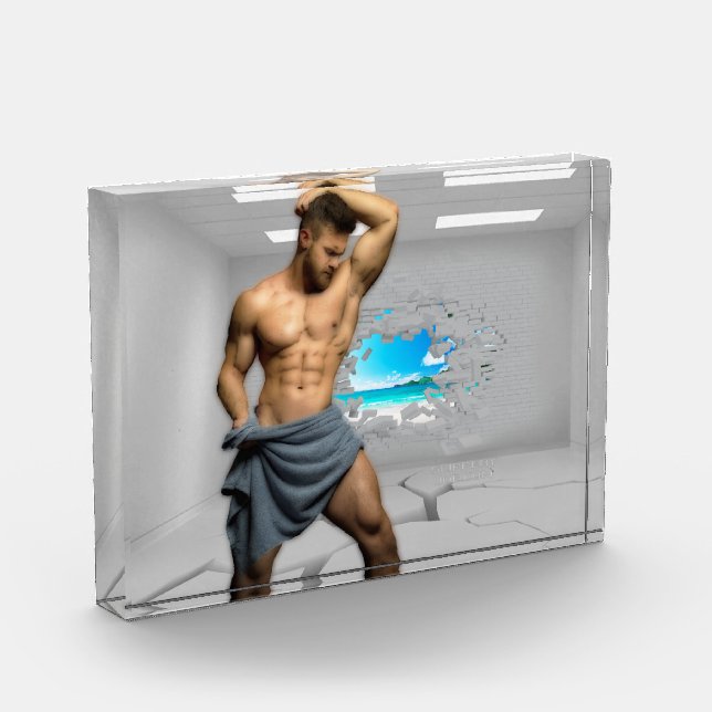 SlipperyJoe's Handtuch gebrochen, weiße Ziegelwand Fotoblock (Links)