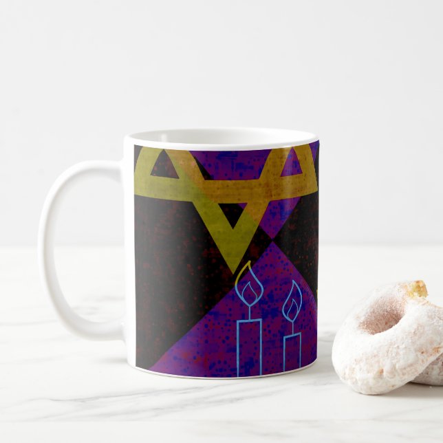 SlipperyJoe's Happy Hanukkah Star von David menora Kaffeetasse (Mit Donut)