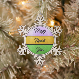 SlipperyJoe's Happy Mardi Gras lila goldgrün b Schneeflocken Zinn-Ornament