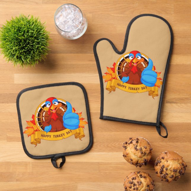 SlipperyJoe's Happy Turkey Day Herbst Blätter Cart Ofenhandschuh & Topflappen-Set (Oben Unten)