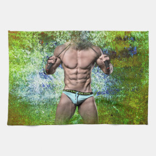 SlipperyJoe's hochmuskelbiger erwachsener Mann obe Geschirrtuch