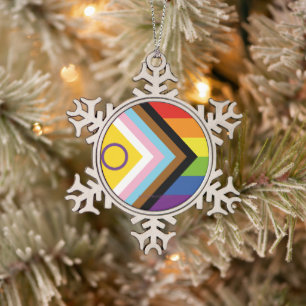 SlipperyJoe's Intersex Pride-Flagge gelber Hinterg Schneeflocken Zinn-Ornament