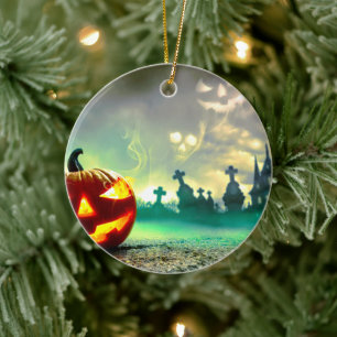 SlipperyJoe's leuchtender Kürbis-Halloween-Wa Keramik Ornament