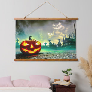 SlipperyJoe's leuchtender Kürbis-Halloween-Wa Wandteppich Mit Holzrahmen