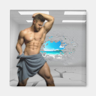 SlipperyJoe's Mann in einem Handtuch, weiße Raummu Magnet