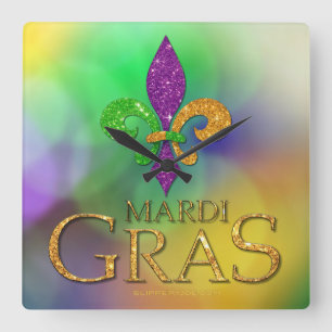 SlipperyJoe's Mardi Gras lila goldgrünes Fleur-d Quadratische Wanduhr