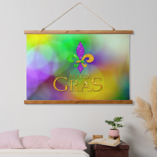 SlipperyJoe's Mardi Gras lila goldgrünes Fleur-d Wandteppich Mit Holzrahmen
