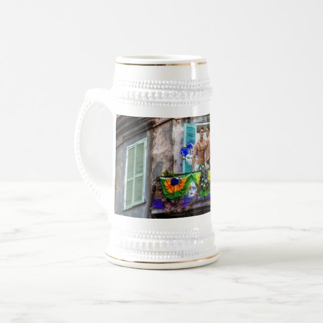 SlipperyJoe's Mardi Gras Männer lila goldgrüner Ba Bierglas (Vorderseite Links)