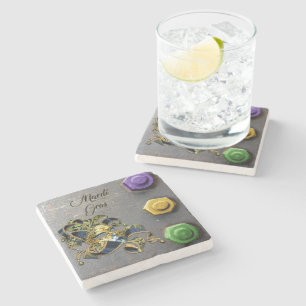 SlipperyJoe's Mardi Gras Mask lila goldgrünes Bl Steinuntersetzer