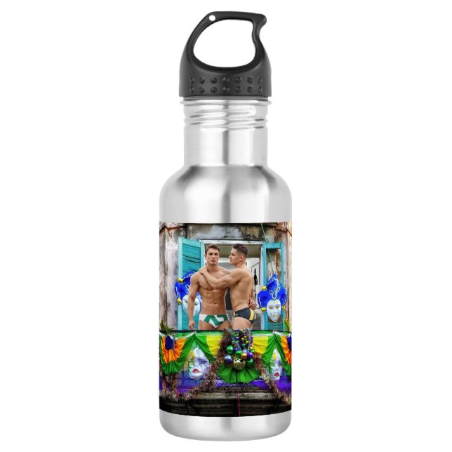 SlipperyJoe's Mardi Gras maskiert Perlendekoration Edelstahlflasche (Vorderseite)