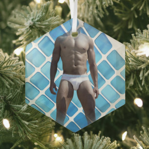 SlipperyJoe's muskulöser Mann Six-Pack-Bauch weiße Ornament Aus Glas