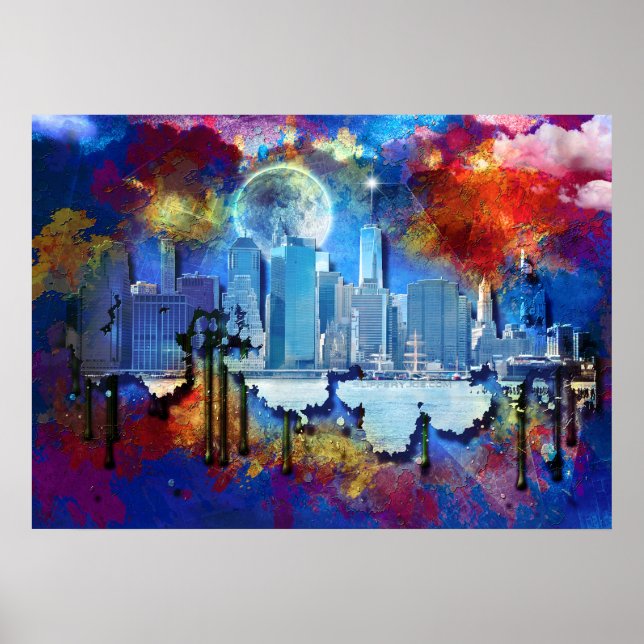 SlipperyJoe's NYC Wolkenkratzer Graffiti Moon buil Poster (Vorne)
