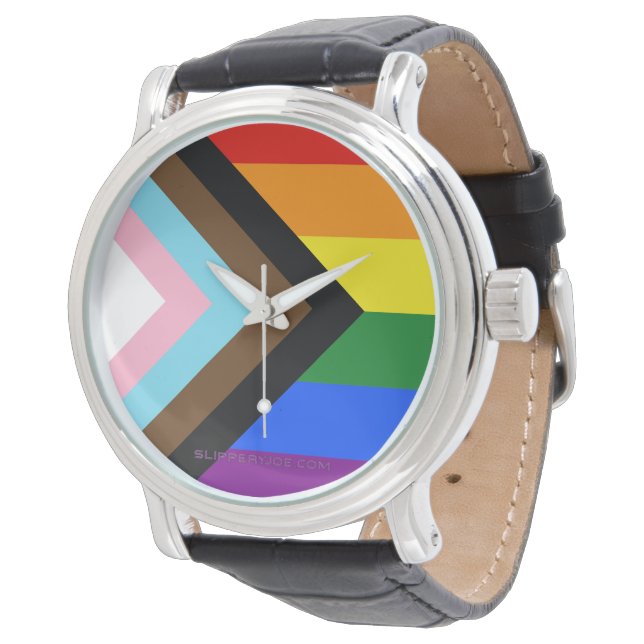 SlipperyJoe's Progress Pride Flag Gay-Geschenke LG Armbanduhr (Schrägansicht)