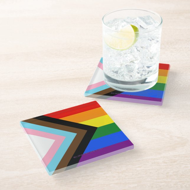 SlipperyJoe's Progress Pride Flag Gay-Geschenke LG Glasuntersetzer (Schrägansicht)