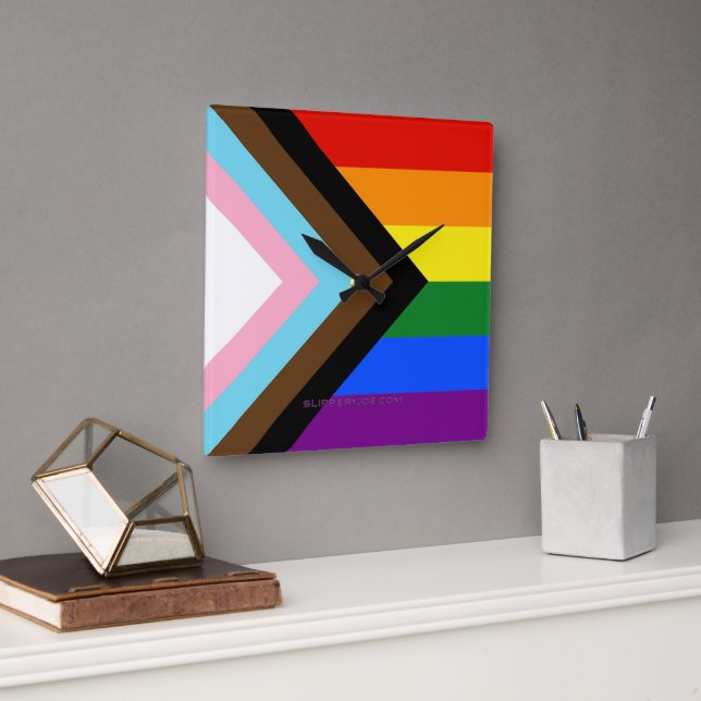 SlipperyJoe's Progress Pride Flag Gay-Geschenke LG Quadratische Wanduhr (Büro)