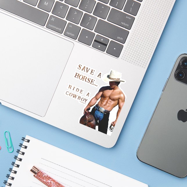 SlipperyJoe's rettend Pferderückfahrt Strohhut Aufkleber (Laptop mit iPhone)