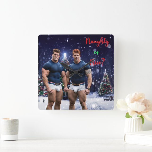 SlipperyJoe's schneebedeckte Weihnachtsbaum Quadratische Wanduhr (Zuhause)