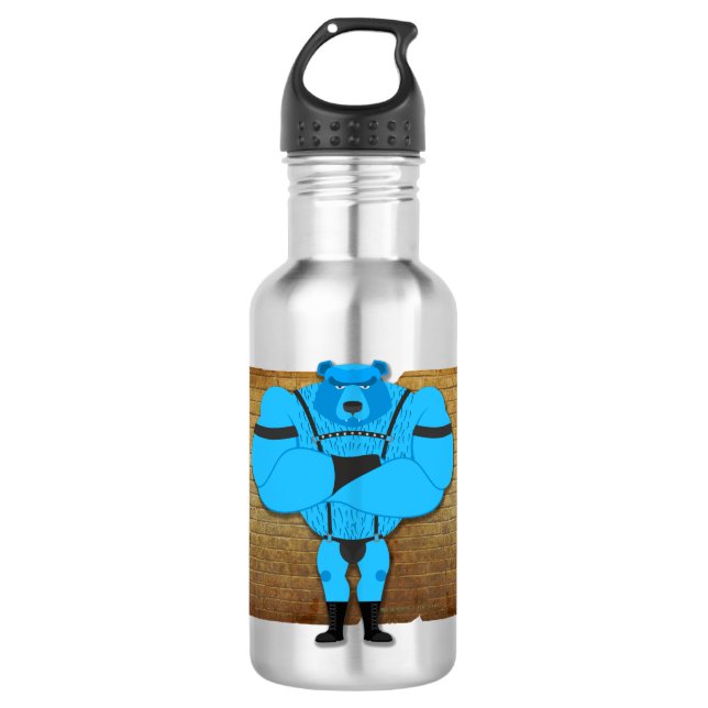 SlipperyJoe's schwuler Muskel Bär Cartoon, während Edelstahlflasche (Vorderseite)