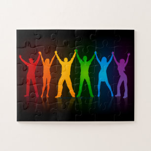 Slipperyjoes sechs stehende Silhouetten mit erhobe Puzzle