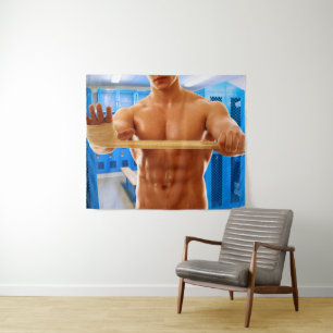 SlipperyJoe's shirtloser muskulöser Mann Abs Brust Wandteppich