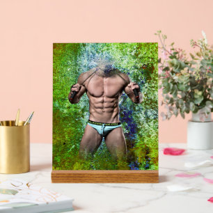 SlipperyJoe's weißer muskulöser sexy Mann Speedo s Acrylschild