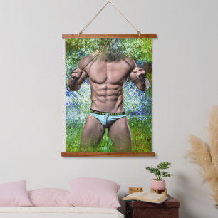 SlipperyJoe's weißer muskulöser sexy Mann Speedo s Wandteppich Mit Holzrahmen