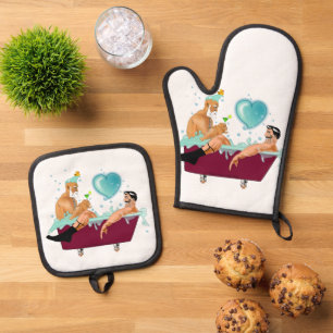 SlipperyJoe's zwei schwule Männer Liebe Cartoon Ba Ofenhandschuh & Topflappen-Set