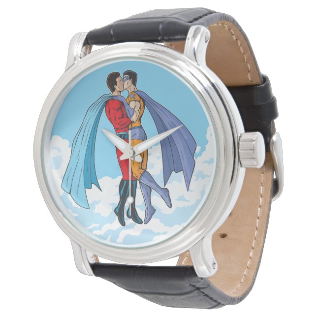 SlipperyJoe's zwei Superhelden küssen Flugwagen Armbanduhr (Schrägansicht)