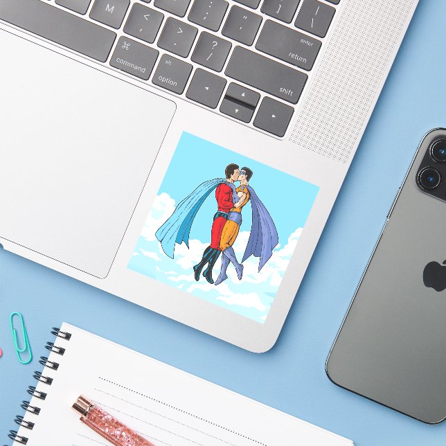 SlipperyJoe's zwei Superhelden küssen Flugwagen Aufkleber (Laptop mit iPhone)