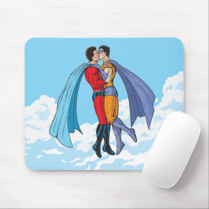 SlipperyJoe's zwei Superhelden küssen Flugwagen Mousepad
