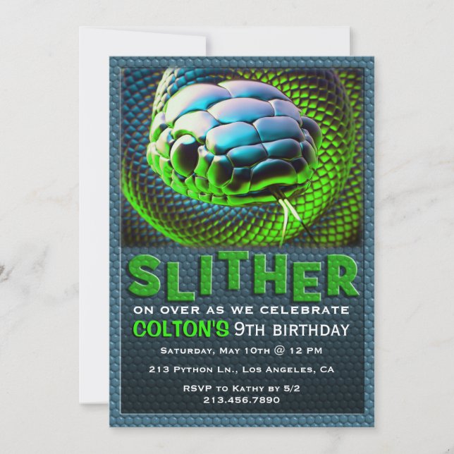 Slither Snake Green Reptile zum Geburtstag Einladu Einladung (Vorderseite)