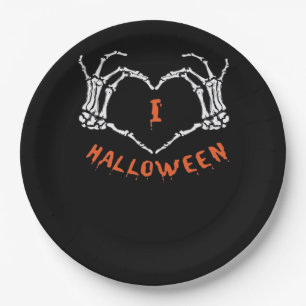 Slogan Halloween. Herzstich aus Skelett Pappteller