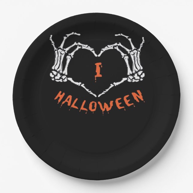 Slogan Halloween. Herzstich aus Skelett Pappteller (Vorderseite)