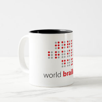 Slogan World braille day. Wereld braille dag. Zweifarbige Tasse