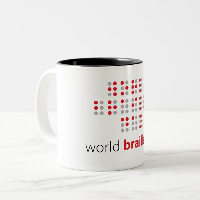 Slogan World braille day. Wereld braille dag. Zweifarbige Tasse (Vorderseite Links)