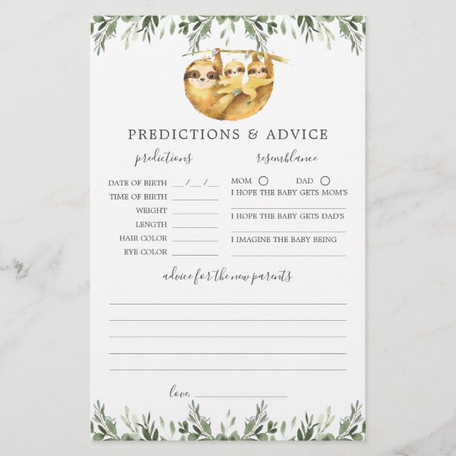 Sloth Animals Baby Shower Vorhersagen und Ratschlä (Vorderseite)